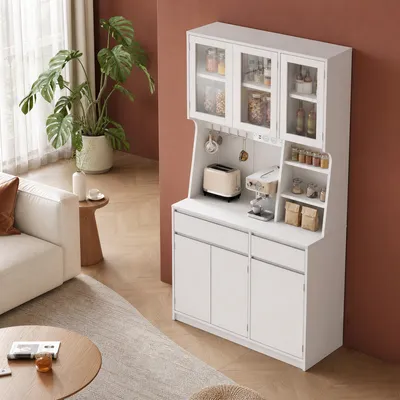Produktbild von küchenschrank, Buffetschrank, mit Steckdosen und Led-Lichtleisten | Hochschrank mit Arbeitsplatten und Zwei Schubladen, Küche, 40 x 100 x 180 cm, Weiß