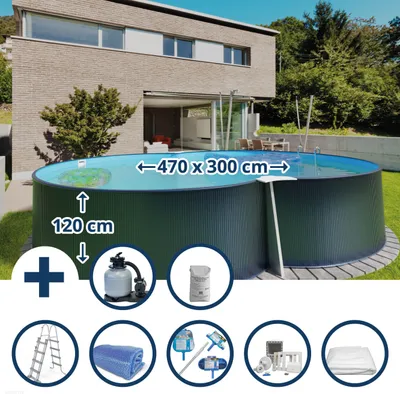 Produktbild von Stahlwandpool Set (8-teilig) hoch achtform 470x300x120 cm, Stahl 0,4 mm anthrazit Folie 0,4 mm blau