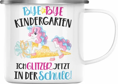 Produktbild von Trendation - Bye Bye Kindergarten Einschulung Mädchen Geschenk Emaille Tasse Schulstart 1. Schultag Schuleinführung Schulanfang Geschenkidee 2022 Schulkind (Silber)