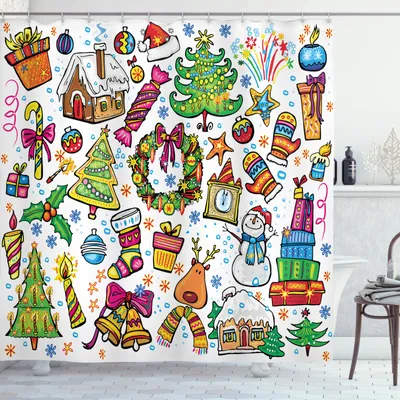 Produktbild von ABAKUHAUS Weihnachten Duschvorhang, Neujahr Weihnachtsbaum, Wasser Blickdicht inkl.12 Ringe Langhaltig Bakterie und Schimmel Resistent, 175 x 200 cm, Gelb Rot