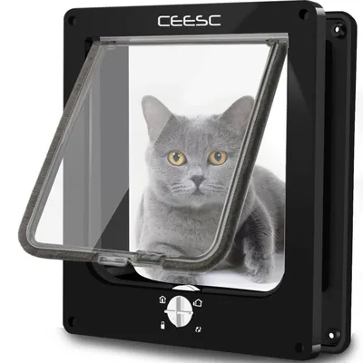 Immagine prodotto di Porta per animali domestici di grandi dimensioni, adatta per porte interne ed esterne, resistente alle intemperie, con sistema di chiusura a 4 vie, ideale per cani e gatti, colore nero, taglia L
