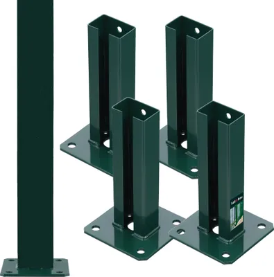 A set of four green metal post bases with a single post base on the left.