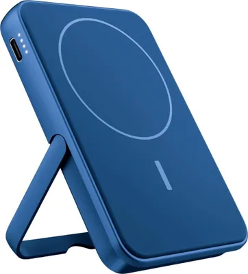 A blue magnetic power bank with a kickstand is shown against a white background.