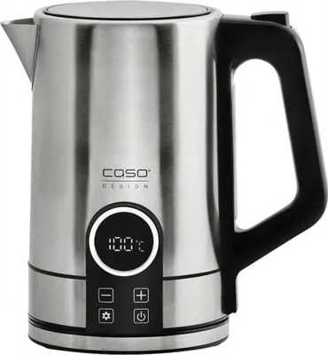 A stainless steel electric kettle with a digital display and controls.