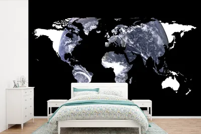 Produktbild von MuchoWow® Fototapete für Wohnzimmer oder Schlafzimmer Wandtapete Vinyl Motivtapete Weltkarte - Schwarz - Weiß - Globus - 600x400 cm - Vinyltapeten