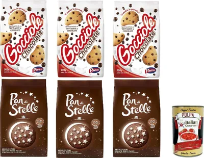 Produktbild von Mulino Bianco Testpaket Gocciole + Pan di stelle 6 stuck Kekse Italien biscuits cookies kuchen brioche + Italian Gourmet polpa 400g