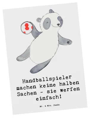 Produktbild von Mr. & Mrs. Panda Postkarte Handball Wurf - Weiß - Geschenk, Teamgeist, Sportler, Sportart, Ansichtskarte, Unterhaltung, Leidenschaft, Grußkarte, Sport, Geschenke, Humor