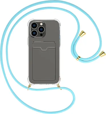 Produktbild von Handykette Backcover-Schutzhülle mit Band (Metall goldfarben) für Apple iPhone 15 Pro Max - himmelblau