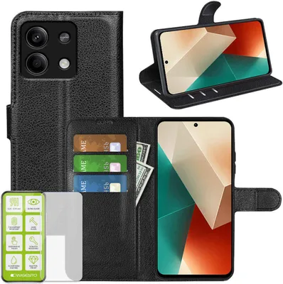Obrázek produktu pro Pro Xiaomi Redmi Note 13 Pro / Poco X6 Pouzdro na mobilní telefon černé z umělé kůže + tvrzené sklo H9