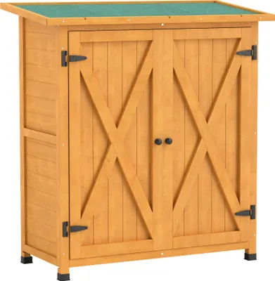 Produktbild von Gartenschrank, Geräteschuppen aus Holz, Wetterfest Geräteschrank mit 2 Türen Asphaltdach 110 x 55 x 117 cm, Gelb