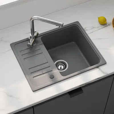 Produktbild von HOROW Granit Küchespüle Grau, Beidseitig montierbare Spülbecken, Waschbecken Küche Inkl. Siphon-Set - 1 Becken Einbauspüle Inkl. Siphon-Set 57 x 45 cm
