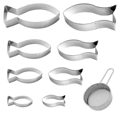 Image de Lot de 9 emporte-pièces en forme de poisson, couleur argent, avec tamis pour le sucre glace.