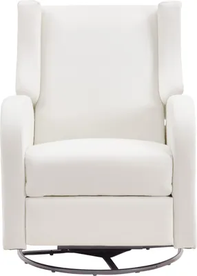 A white recliner chair with a swivel base is shown from the front.