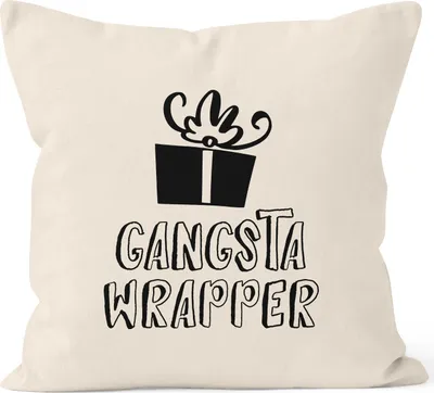 Produktbild von Kissenbezug Weihnachten Gangsta Wrapper Tasse lustig Geschenk Einpacker Kissen-Hülle Deko-Kissen Baumwolle MoonWorks® natur 40cm x 40cm