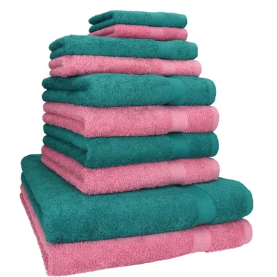 Produktbild von Betz 10-tlg. Handtuch-Set PREMIUM CLASSIC 2 Duschtücher 4 Handtücher 2 Gästetücher 2 Seiftücher  Farbe: smaragdgrün & altrosa