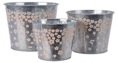 Produktbild von Topf Blumentopf Pflanztopf Übertopf Zink rund mit rosa Blüten 3er Set