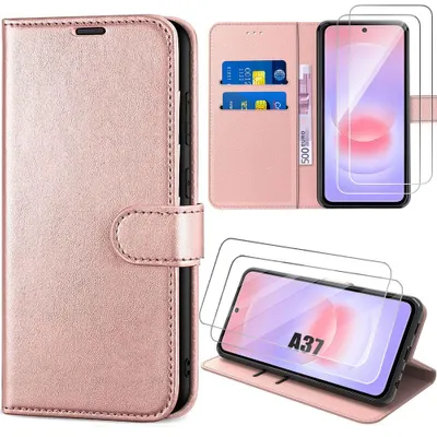 Image de Coque + 2 Verres Trempés pour Samsung Galaxy A37 5G, Protection Rabat Anti-Rayures Synthécuir Rose