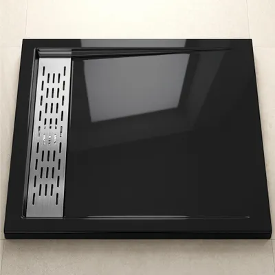 Produktbild von doporro Duschtasse Duschwanne 90x90x5cm flach aus Acryl in schwarz Quadratisch DIN-Anschlüsse für bodenebene Montage geeignet mit Abnehmbarer Abdeckung Xetro04