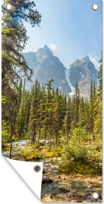 Produktbild von MuchoWow® 80x160 cm Outdoor-Poster Gartendeko Sichtschutz Garten Poster für den Garten  Nordamerikanischer Wald am Moraine Lake in Kanada