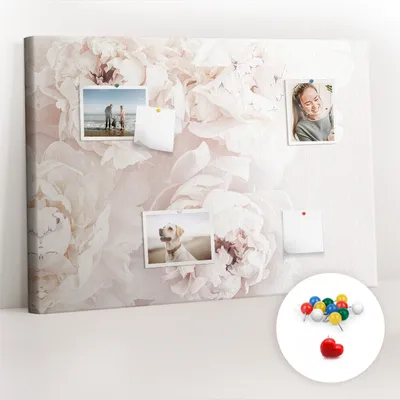 Obrázek produktu pro Korková nástěnka s kolíčky - Tabule s kolíky pro fotografie a poznámky - 100x70 cm - Připínáčky barevné 100 kusů - Květy pivoňky