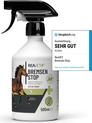 Produktbild von REAVET Bremsen Stop Fliegenspray Pferde 500ml mit pflegender AloeVera, Insektenspray mit Sofortschutz & Pferdepflege, Bremsenspray Bremsenblocker gegen Fliegen, Bremsen & Zecken
