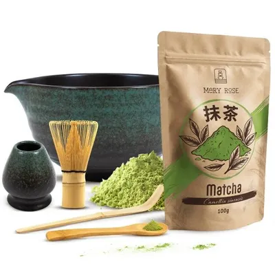 Produktbild von Mary Rose - Matcha Tee Set Pulver 100g - Türkis Keramik Matchawan Schale Umi 450ml mit Ausguss - Bambus Chasen Besen, Kusenaoshi Halter - Handglasiert
