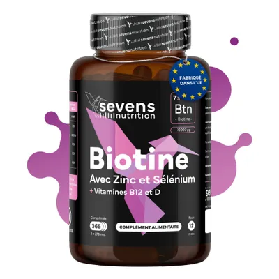 Image de Comprimés de biotine 10 000 mcg avec zinc, sélénium et vitamine B12, 365 comprimés – Sevens