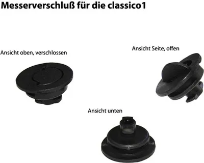 Three views of a black plastic blade lock for a food processor.
