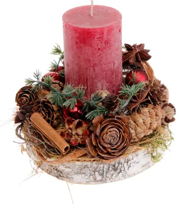 Produktbild von Adventsgesteck Birkenscheibe mit Rustik-Kerze rot CreaFlor Home