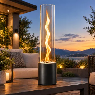 Immagine prodotto di ZMH Caminetto da tavolo a bioetanolo 16×40,5CM tondo acciaio inox con pietre decorative camino vetro nero interno esterno soggiorno feste