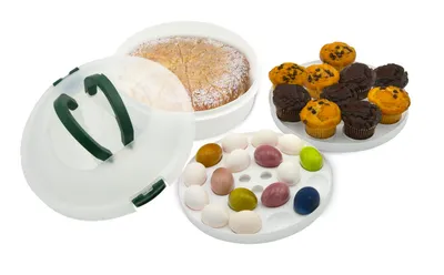 Produktbild von 3-in-1 Transportbox Set- Kombi-Behälter für Kuchen, 12 Muffins & 18 Eier - mit Tragegriff & Deckel