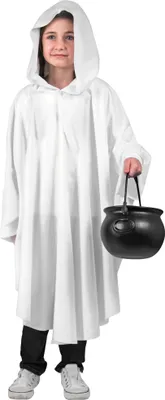 A child wearing a white ghost costume and holding a black cauldron.