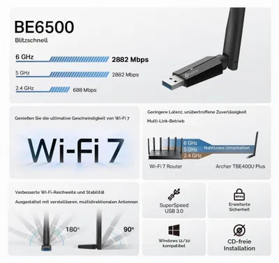 Imagen del producto de Adaptador WLAN TP-Link Archer TBE400U Plus, USB-A, Wi-Fi 7, tri-banda