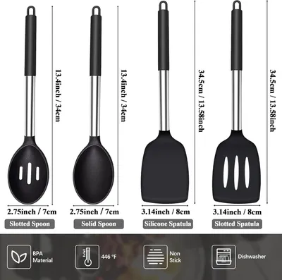 Produktbild von Silikon Pfannenwender L?ffel, Hitzebest?ndig Spachtel Kš¹che Geschlitzt Set fš¹r Kochen, BPA Frei Kš¹chenhelfer Schwarz Kš¹chenutensilien Spš¹lmaschinengeeignet, 4 Stš¹ck, Silicone Spatula Spoons