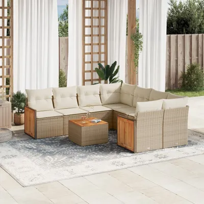 Produktbild von Design 9-tlg. Garten-Sofagarnitur mit Kissen Beige Poly Rattan, Gartenmöbel-Sets 2024 Neu