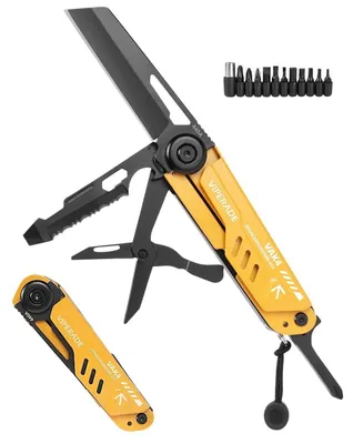 Immagine prodotto di Coltello multiuso giallo con 12 funzioni, ideale per l'uso quotidiano, pieghevole, completo di forbici, sega, apriscatole, cacciavite, pipa, accendifuoco, pietra per affilare, clip e fodero