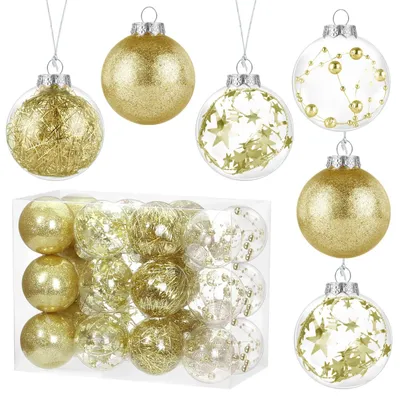 Weihnachtskugeln, 24 Stück, 6 cm, Gold, Glitzer, Kunststoff