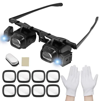 Produktbild von Lupenbrille mit LED-Licht,Lupenbrille 2.0X，6.0X，8.0X，12.0X，24.0X,Kopflupe Lesebrille mit licht,Geeignet für Juweliere, Nähen, Basteln, Lesen, Hobbys, Uhrmacherlupe