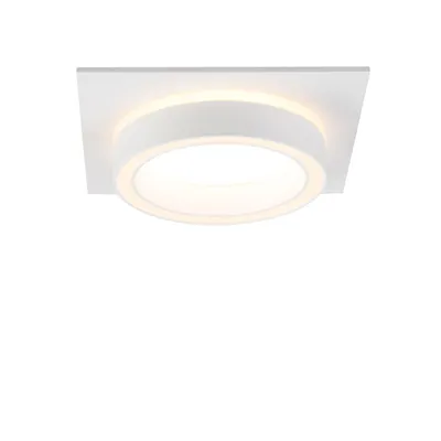 A white square ceiling light with a circular light in the center.
