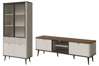 Productafbeelding van Woonkamer set Marly: Wandmeubel met vitrine en lage kast. Kleur naar keuze: kasjmier / walnoot