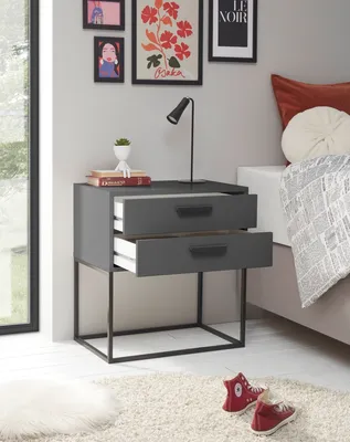 Produktbild von SUNA Nachttisch in Graphit - Moderner Nachtschrank mit Schubladen und schwarzem Metallgestell - 60 x 65 x 38,5 cm (B/H/T)