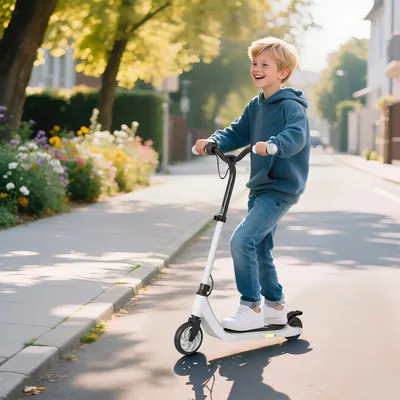 A young boy is riding an electric scooter down a suburban street lined with trees and flowers.