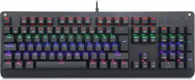 A top-down view of a black mechanical gaming keyboard with RGB backlighting.