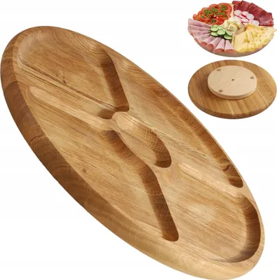 Produktbild von KADAX Servierplatte, Drehteller aus natürlichem Holz, 33,5cm Drehplatte mit Fächern, Servierteller für Chips und Dip, Snackteller zum Servieren von Fleisch (Eichenholz)