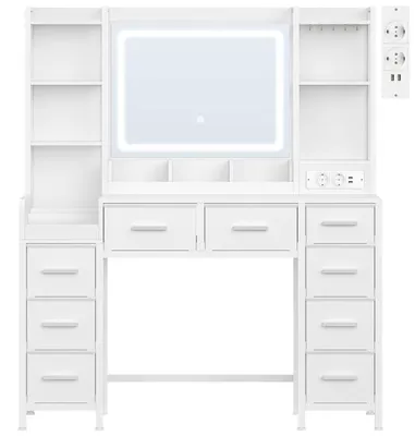 Imagen del producto de Tocador - Mesa de maquillaje - 120 cm - Espejo - Iluminación LED de 3 colores regulable - 9 cajones - Enchufe - Blanco