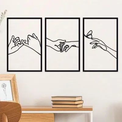 Imagen del producto de Ibenzoa®: Decoración de pared abstracta moderna de metal – Juego de 3 piezas con formas femeninas y motivos de manos, 119 x 40 cm, acero galvanizado, con revestimiento de polvo