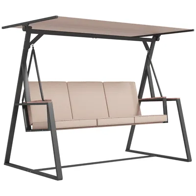 Produktbild von Outsunny Hollywoodschaukel 3-Sitzer Schaukelbank mit Kissen, Gartenschaukel mit Verstellbarem Dach, bis 300 kg Belastbar, Khaki, 205 x 130 x 175 cm