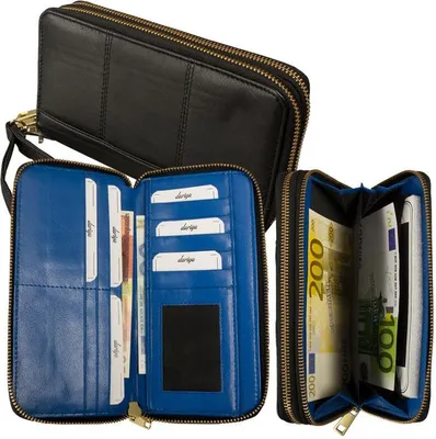 Produktbild von Große Damenbörse mit 2 Reißverschlüssen rundum Lamm Nappa Leder schwarz/blau