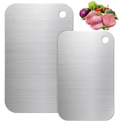 Produktbild von 2-teiliges Schneidebrett-Set aus Edelstahl, doppelseitiges Schneidebrett aus lebensmittelechtem Edelstahl, für Fleisch, Obst, Gemüse und Brot.