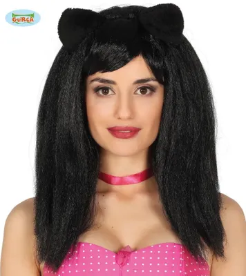 Produktbild von Langhaarperücke mit Ohren schwarz Katze für Damen
